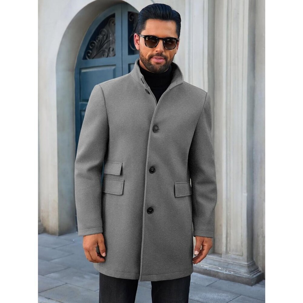 Men's Gray Pea Coats Single Breasted Stand Collar Casual Slim Fit Trench - Picture 2 of 5